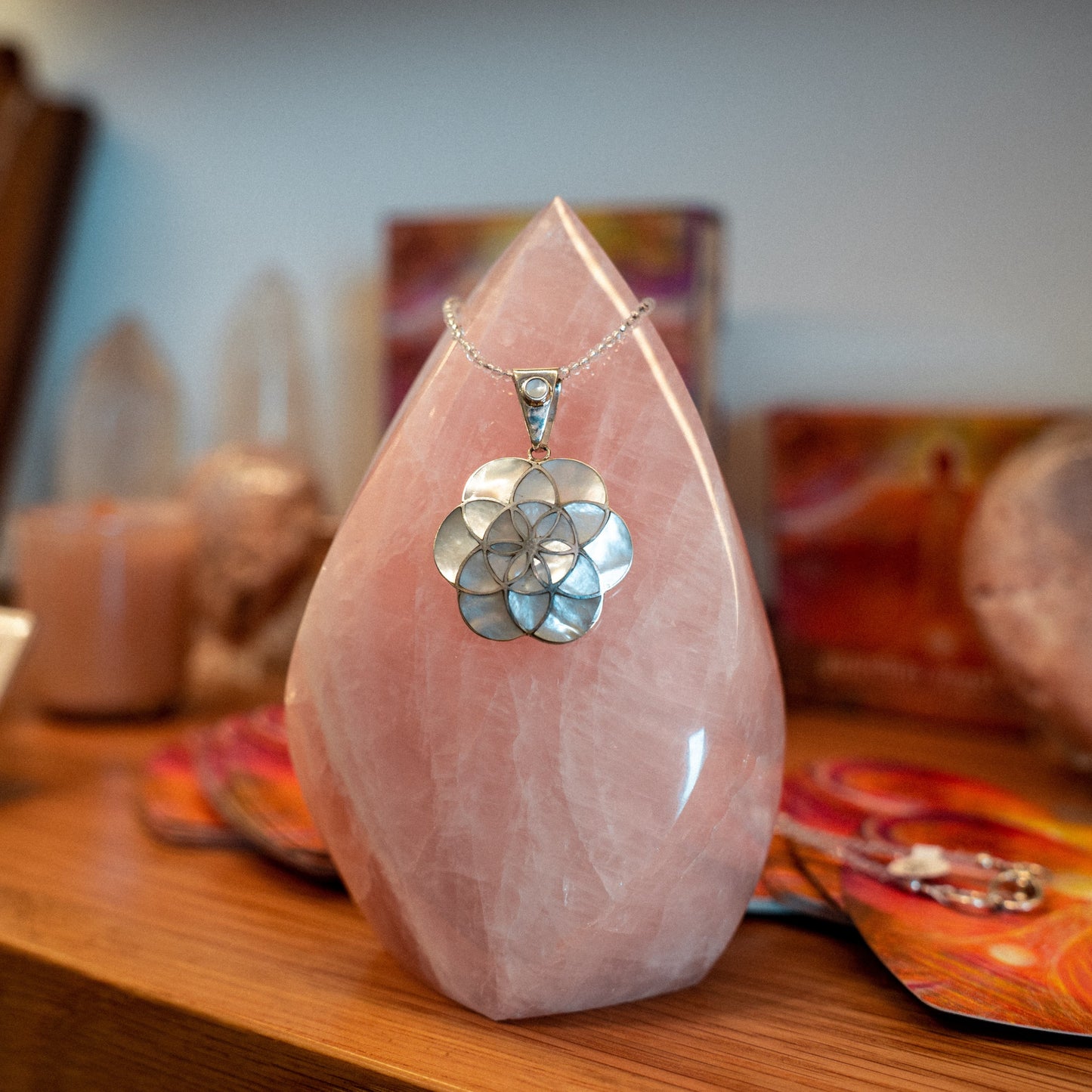 Seed of Life Mother of Pearl Pendant Small on Petite Crystal Quartz Chain