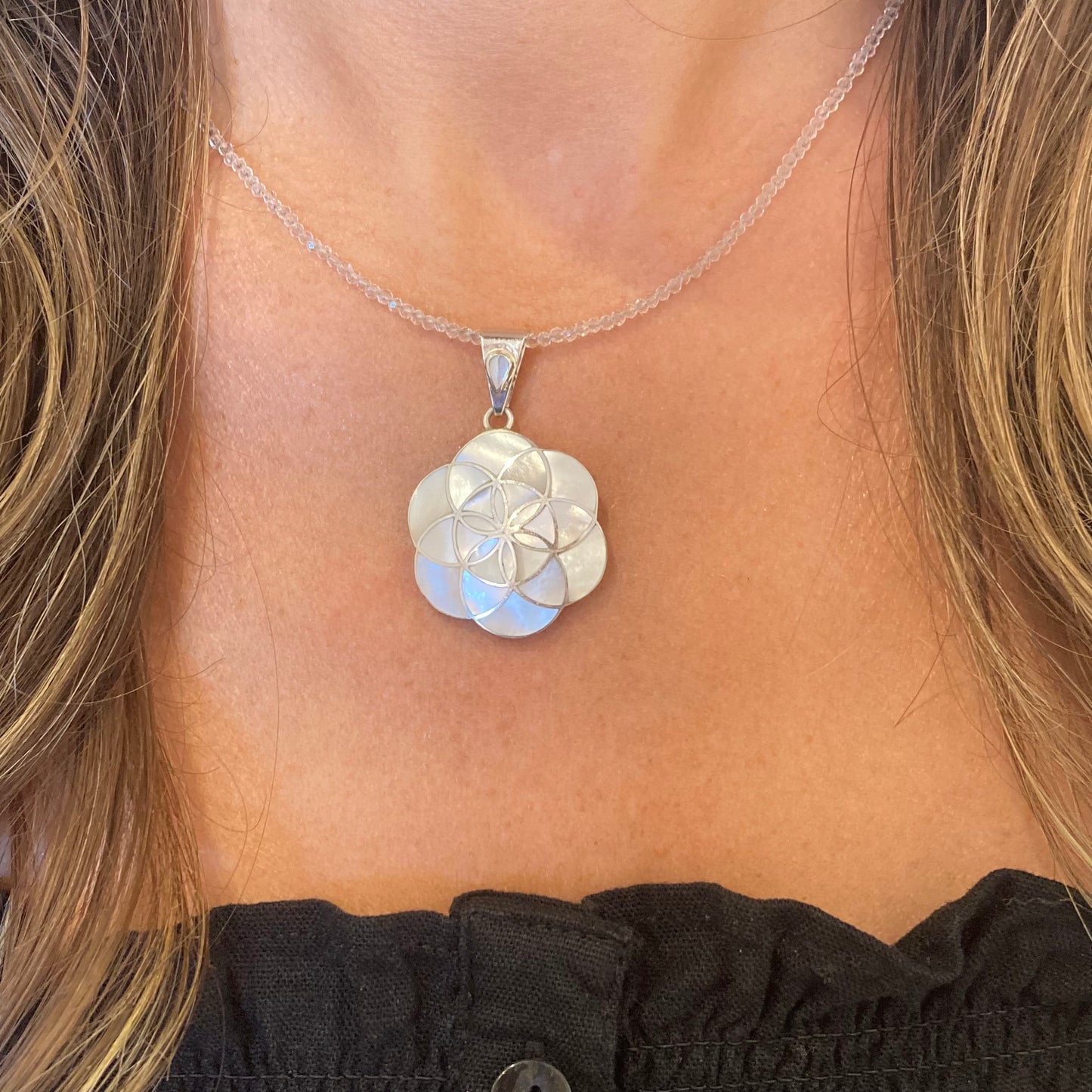 Seed of Life Mother of Pearl Pendant Small on Petite Crystal Quartz Chain