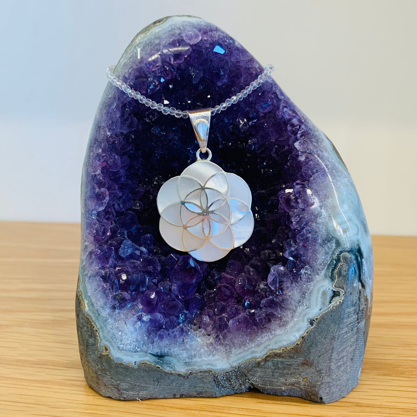 Seed of Life Mother of Pearl Pendant Small on Petite Crystal Quartz Chain