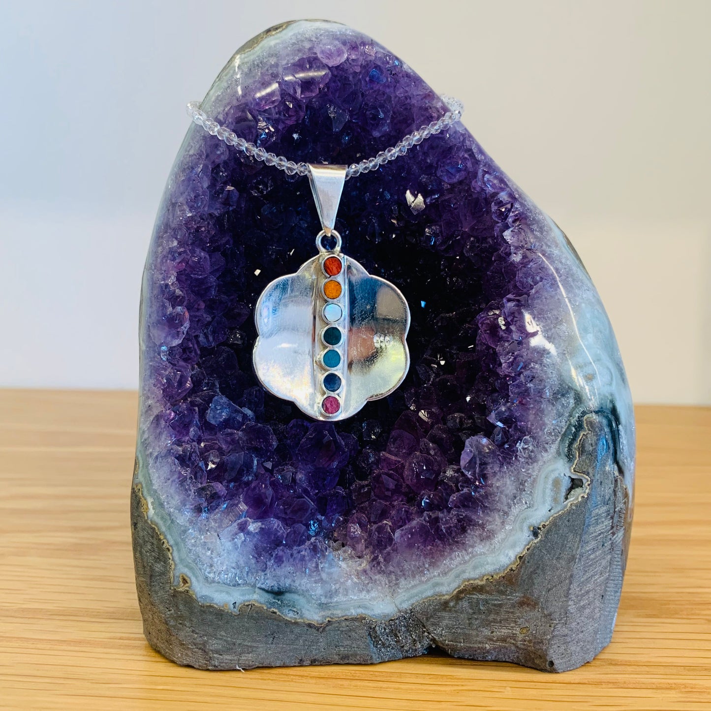 Seed of Life Mother of Pearl Pendant Small on Petite Crystal Quartz Chain