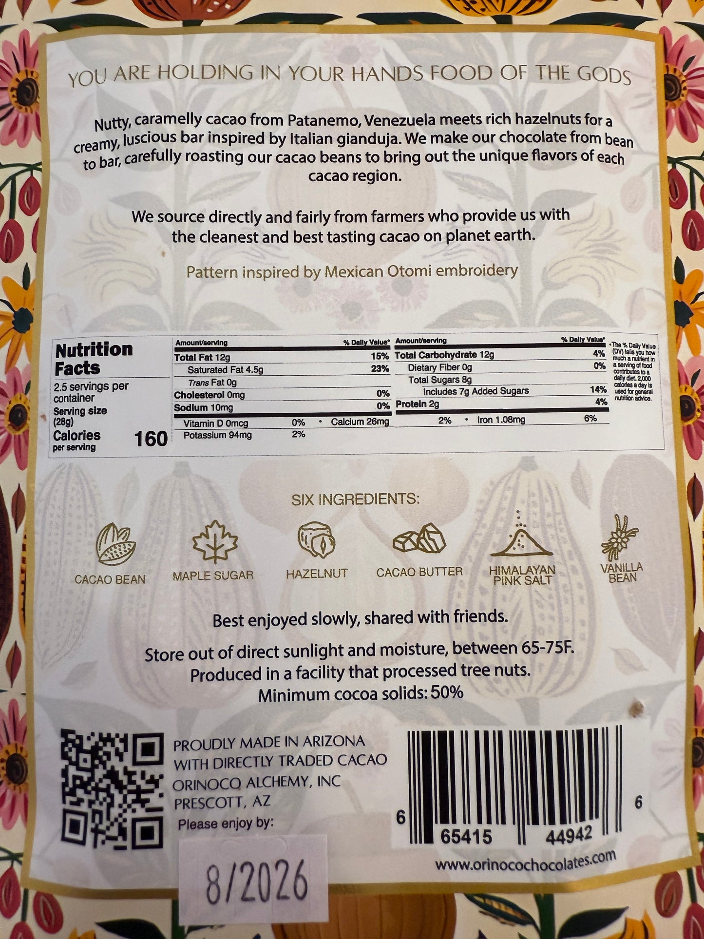 Orinoco Creamy Hazelnut Chocolate Bar