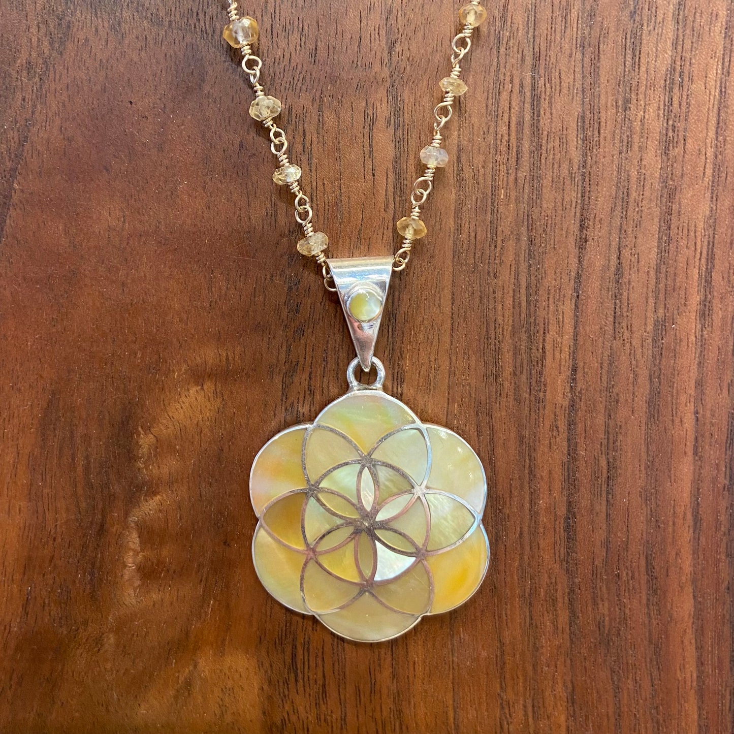 Mother of Pearl Golden Flower of Life Pendant on Citrine Chain