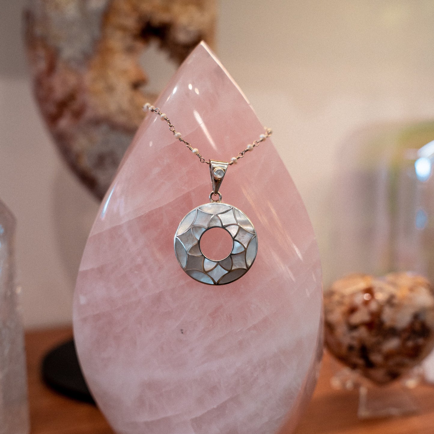 Mother of Pearl Flower Pendant on Petite Pearl Chain