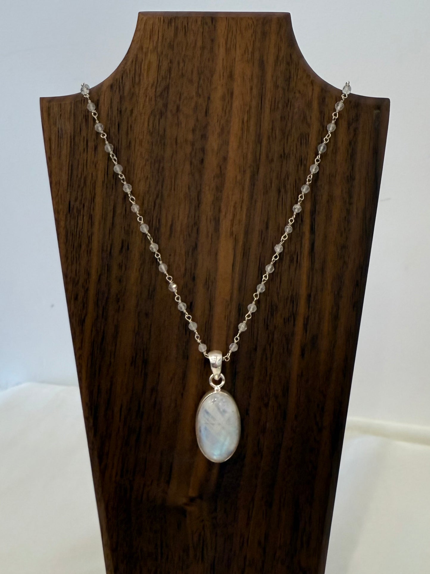 Moonstone Pendant on Quartz & Silver Chain