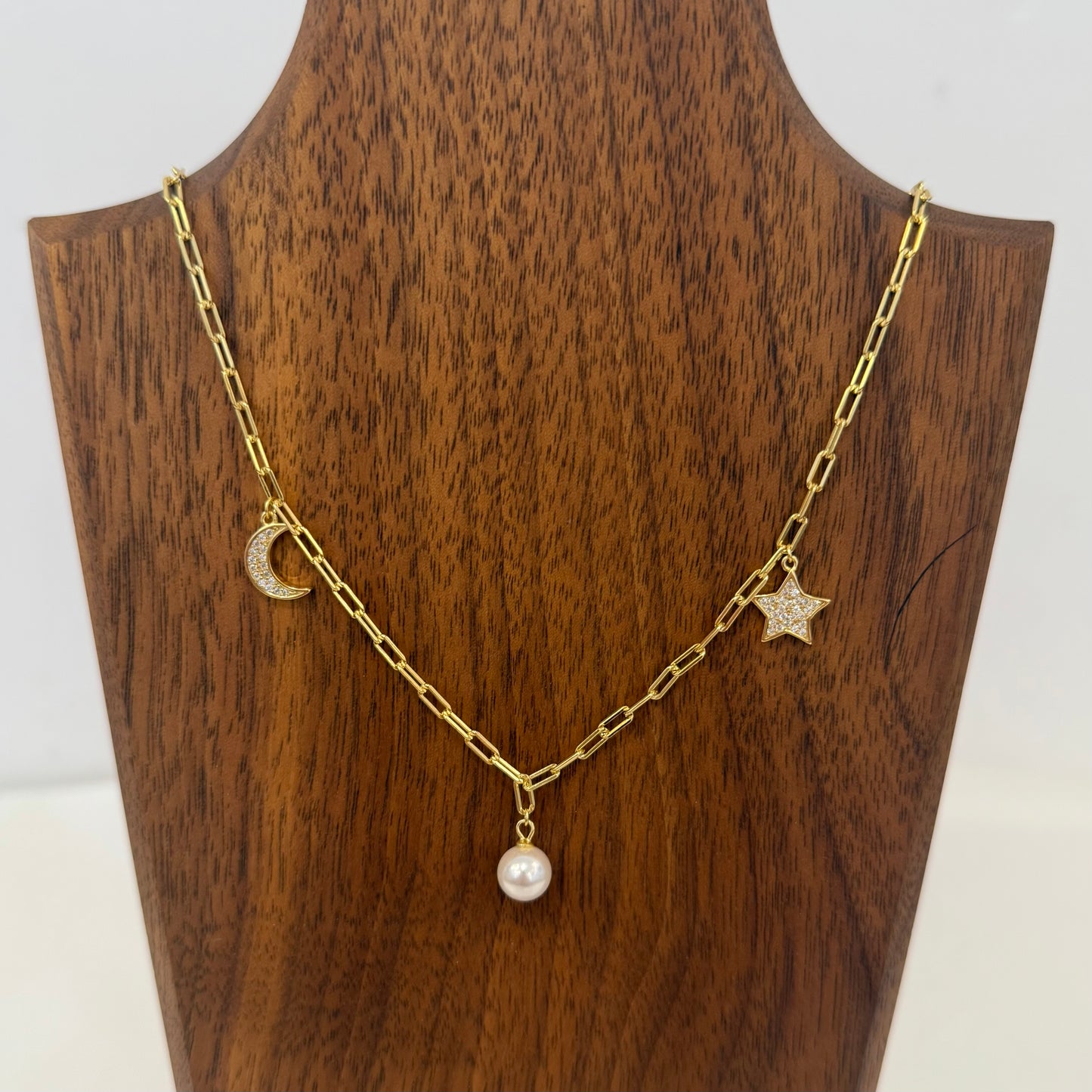 Gold Necklace with Star, Pearl & Moon