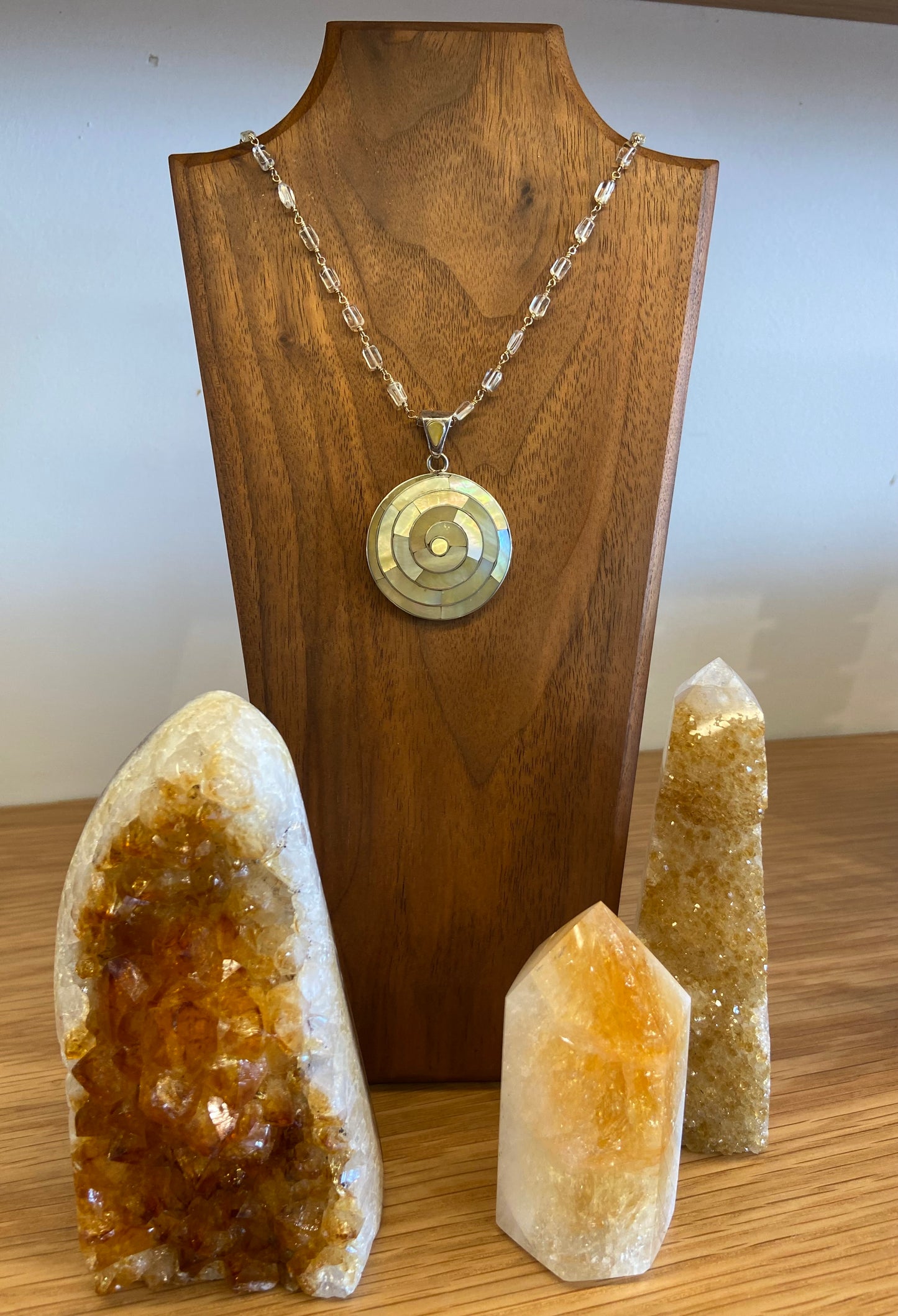 Golden Mother of Pearl Spiral Pendant on Golden Citrine Chain