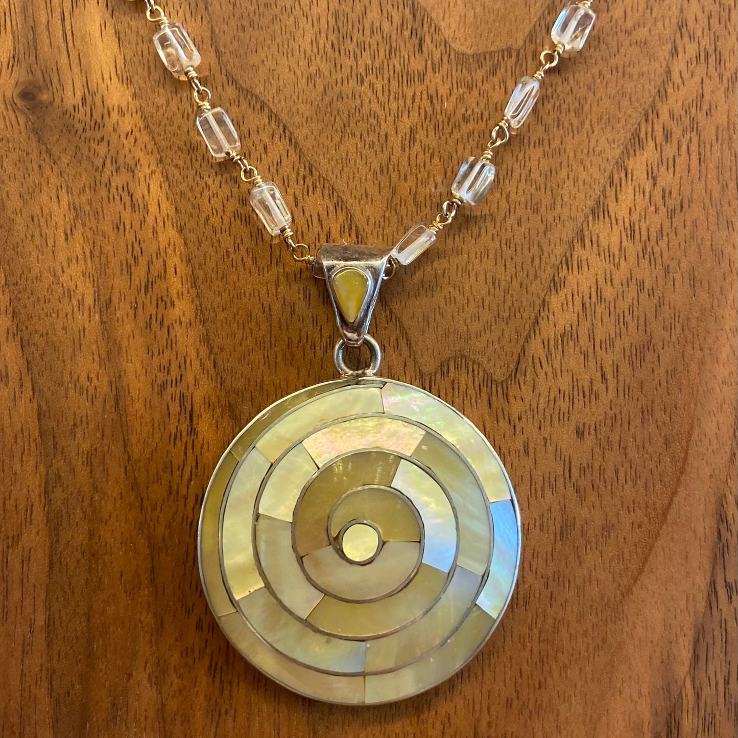 Golden Mother of Pearl Spiral Pendant on Golden Citrine Chain