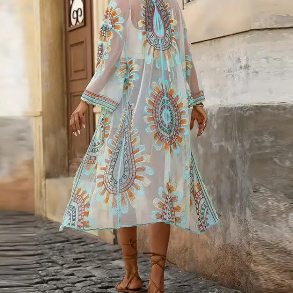 White & Floral Mesh Kimono