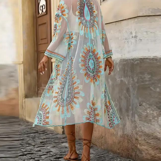 White & Floral Mesh Kimono