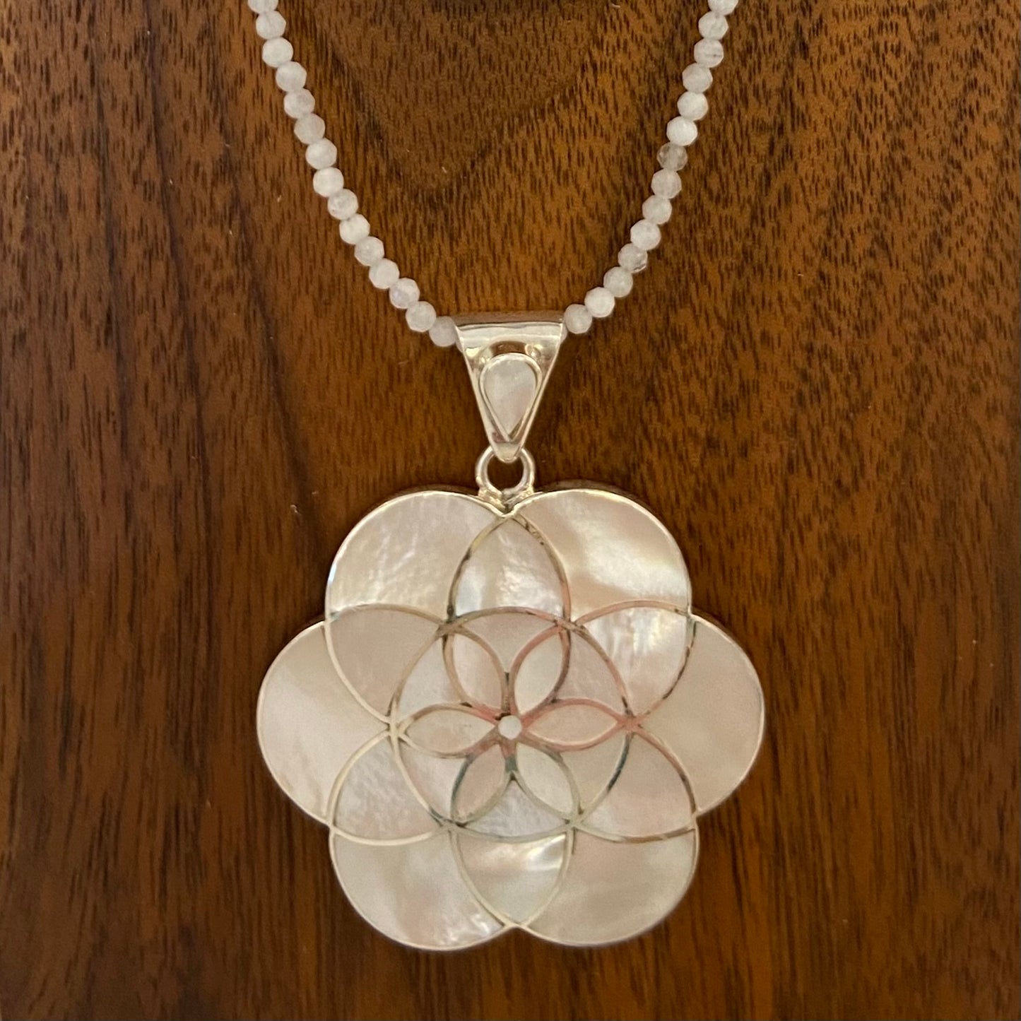 Seed of Life Mother of Pearl Pendant Small on Moonstone Strand