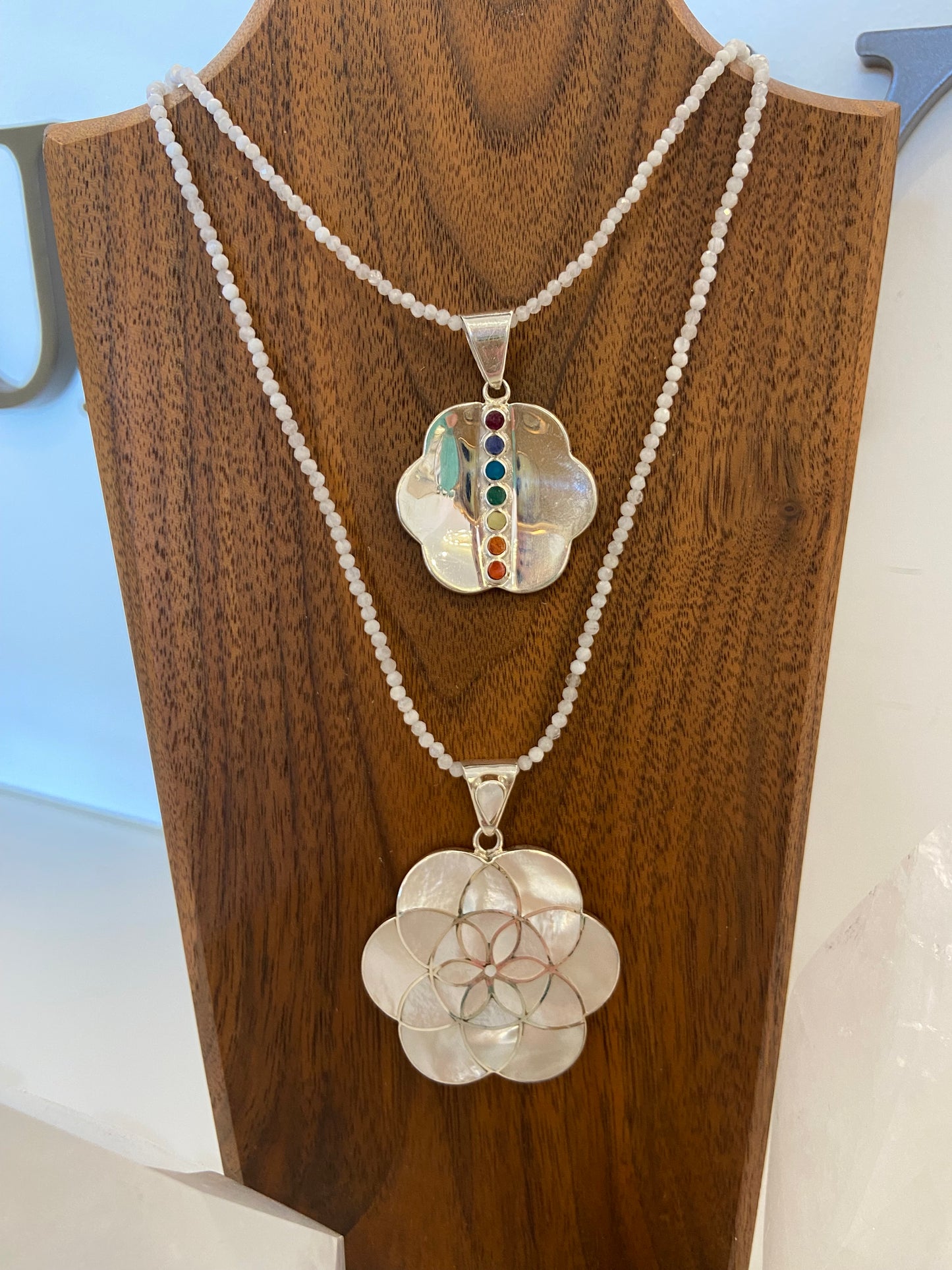 Seed of Life Mother of Pearl Pendant Small on Moonstone Strand