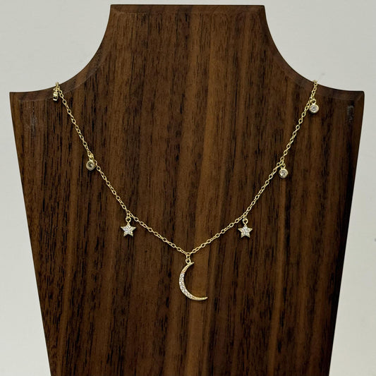 Gold Necklace with Sliver Moon & Stars