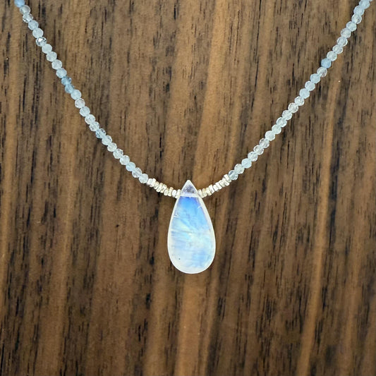 Moonstone Pendant on Aquamarine Gemstone/Silver Strand