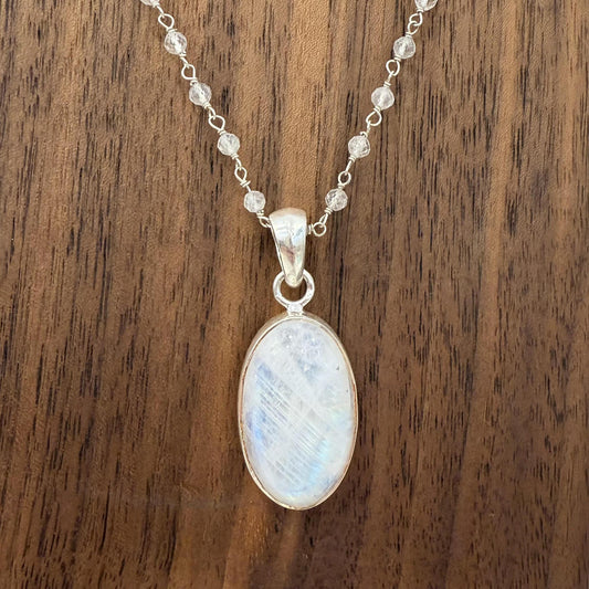 Moonstone Pendant on Quartz & Silver Chain