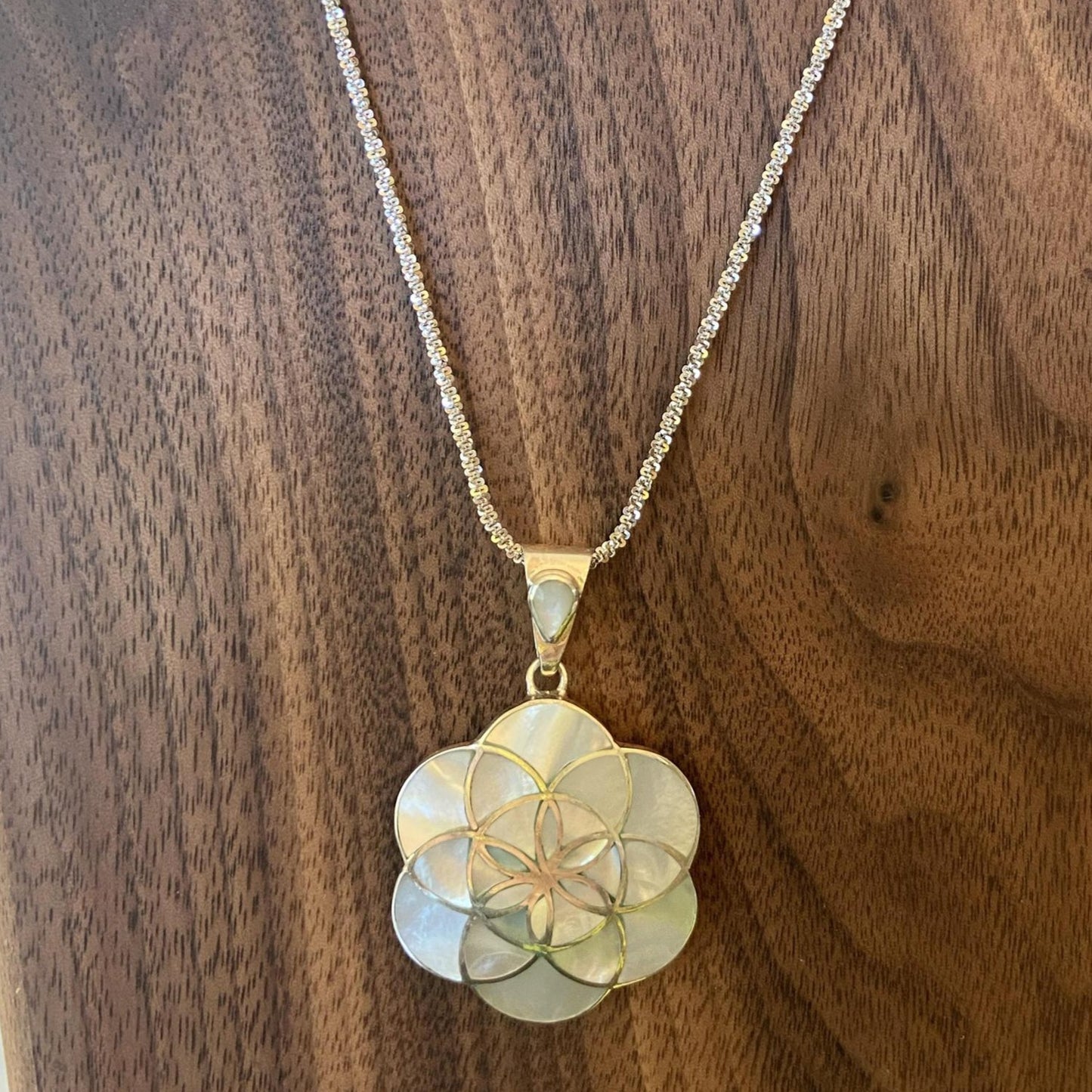 Seed of Life Mother of Pearl Pendant Small with Silver Chain