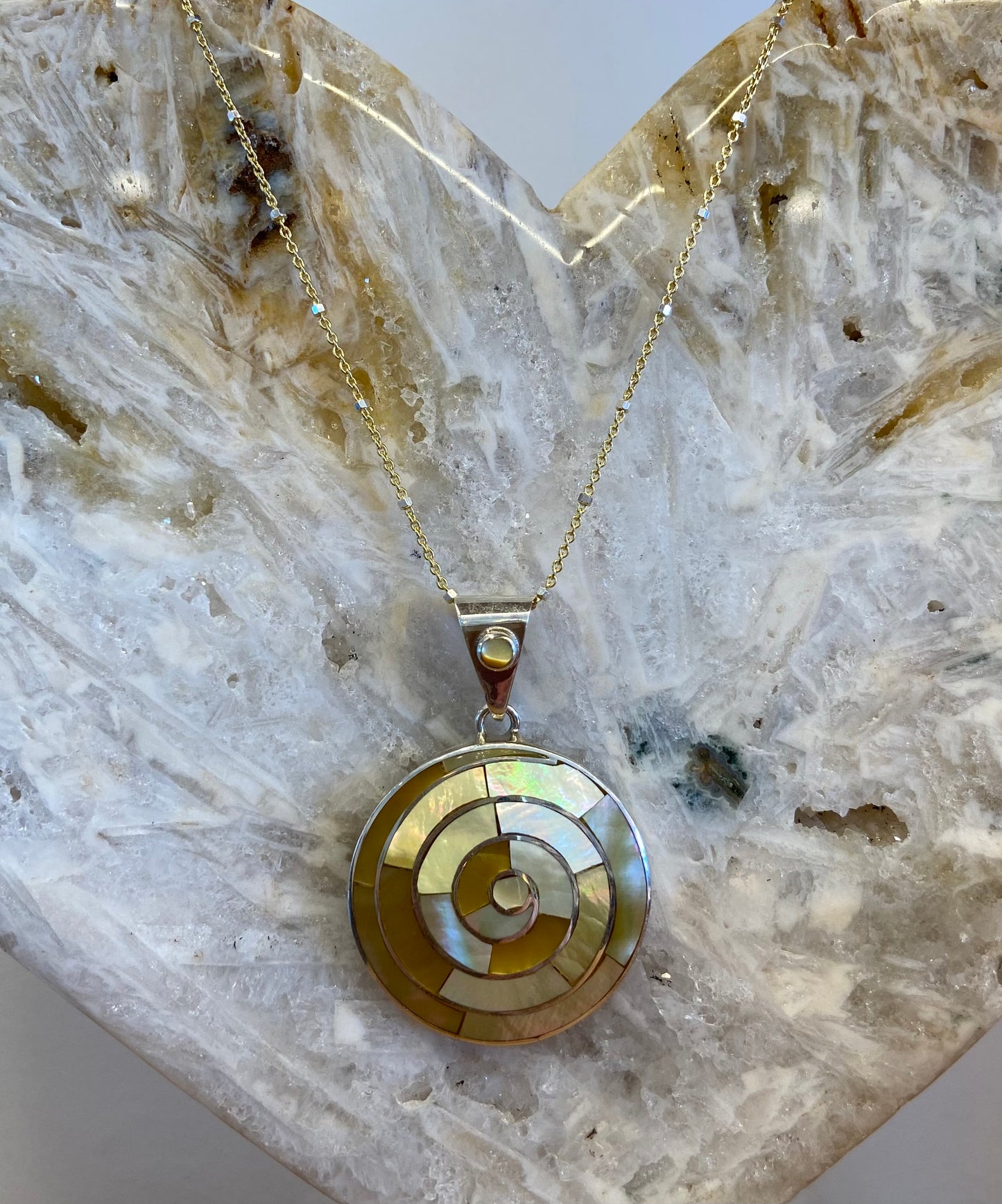 Mother of Pearl Golden Spiral Pendant on Gold Chain