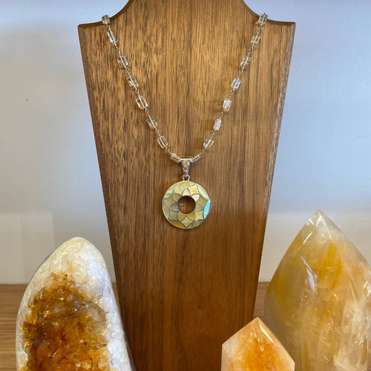 Mother of Pearl Golden Flower Pendant on Gold & Citrine Chain