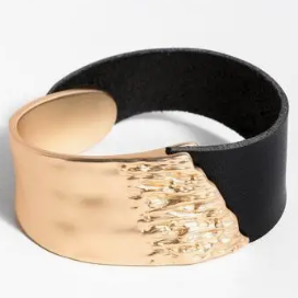Black Leather & Gold Bracelet Cuff