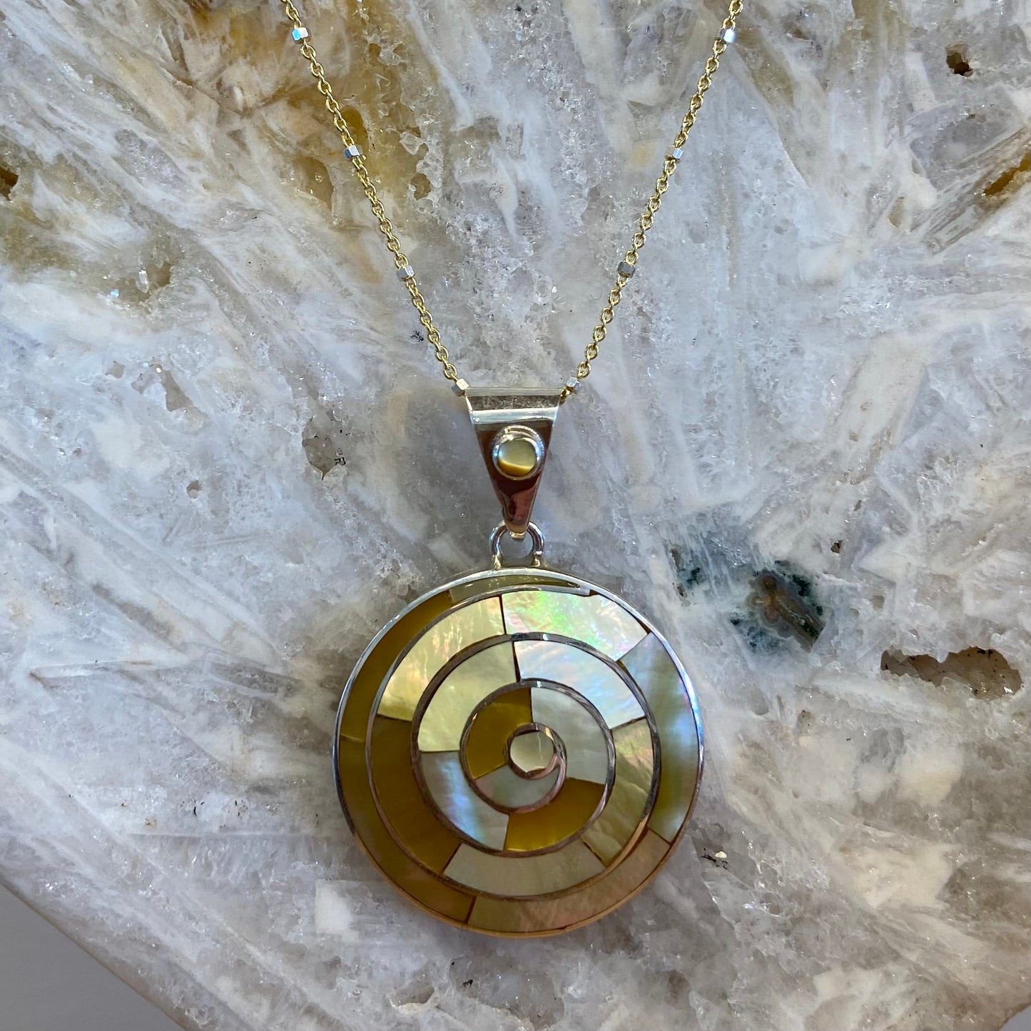 Mother of Pearl Golden Spiral Pendant on Gold Chain