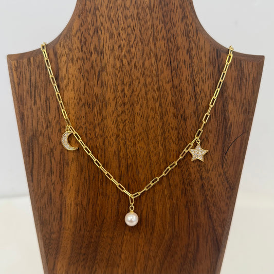 Gold Necklace with Star, Pearl & Moon